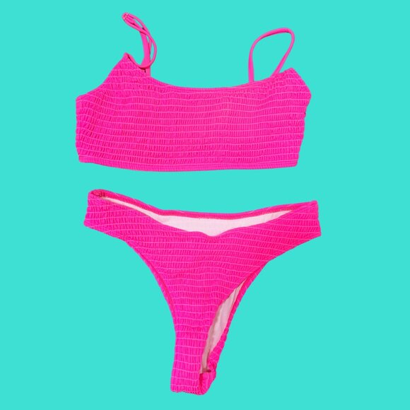💗 SHEIN Hot Pink Smocked High-Waisted Bikini Set – Size M - Picture 2 of 7